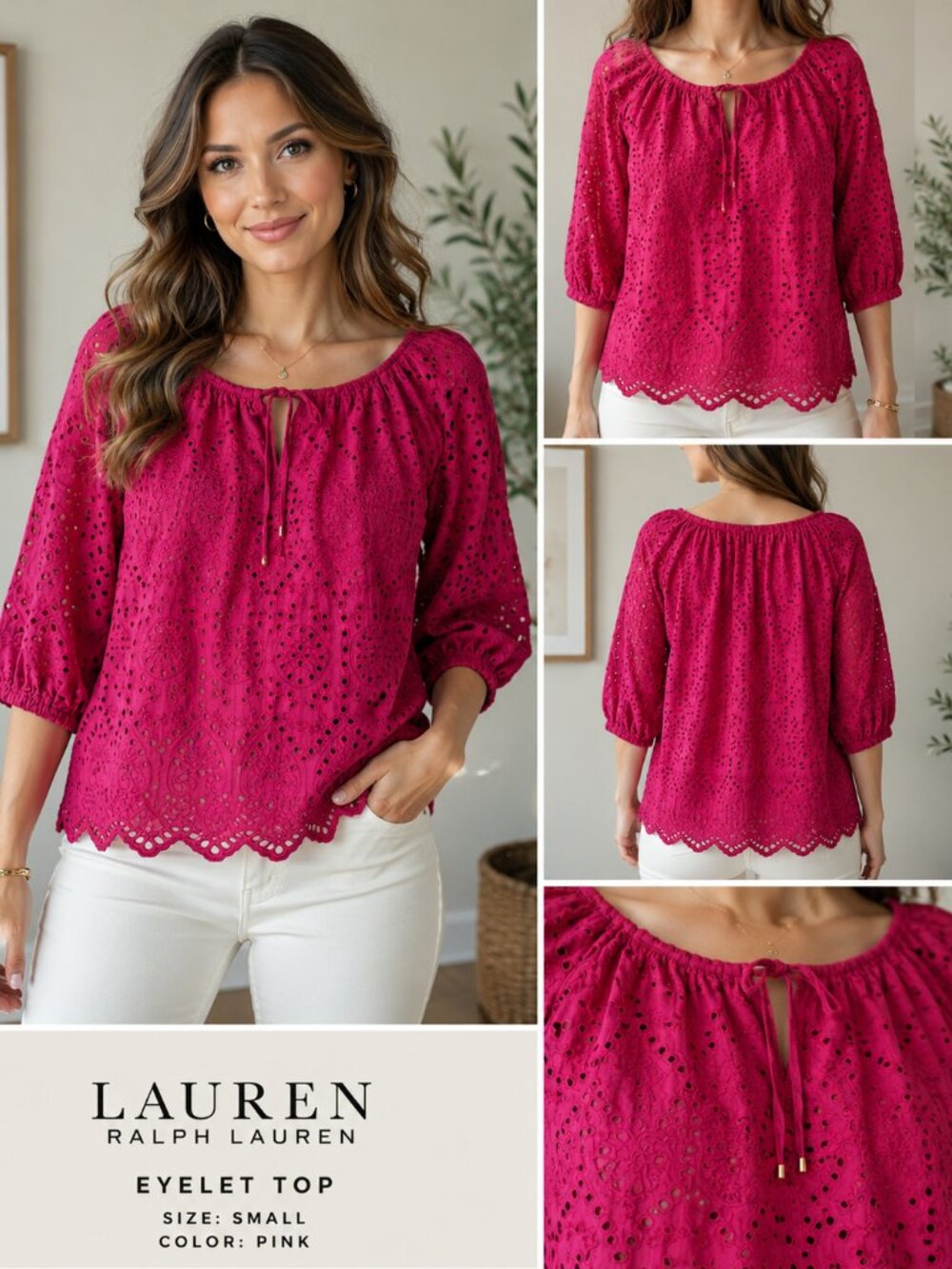 Lauren Ralph Lauren Eyelet Blouse Women S Pink Cotton Boho Peasant Top 3/4 Sleev